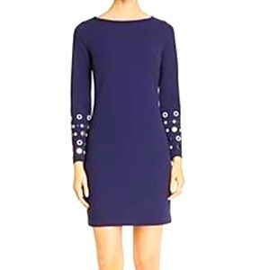 MICHAEL MICHAEL KORS Womens Navy Mini Sheath Dress L/S Grommet Detailed Size XS